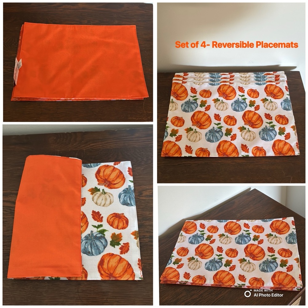 NWT Set of 4- Blue, Cream & Orange Fall Pumpkins 🍁 Reversible Placemats 12x18